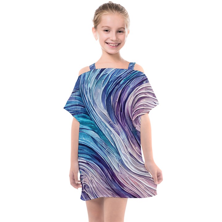 Abstract Pastel Ocean Waves Kids  One Piece Chiffon Dress