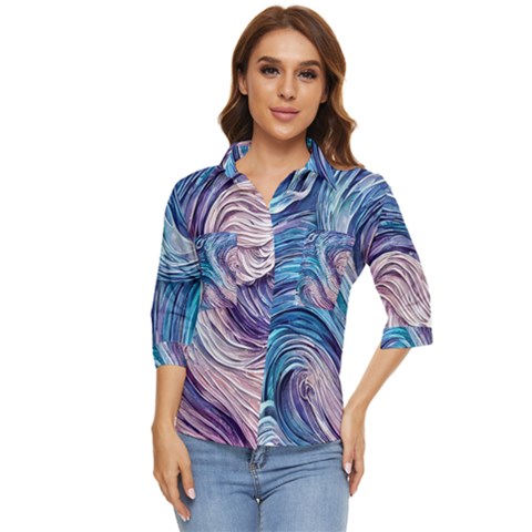 Abstract Pastel Ocean Waves Women s Quarter Sleeve Pocket Shirt by GardenOfOphir