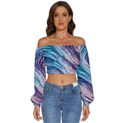 Abstract Pastel Ocean Waves Long Sleeve Crinkled Weave Crop Top