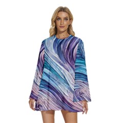 Abstract Pastel Ocean Waves Round Neck Long Sleeve Bohemian Style Chiffon Mini Dress