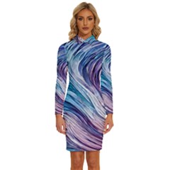 Abstract Pastel Ocean Waves Long Sleeve Shirt Collar Bodycon Dress