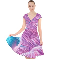 Pink Water Waves Cap Sleeve Front Wrap Midi Dress by GardenOfOphir