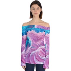 Pink Water Waves Off Shoulder Long Sleeve Top by GardenOfOphir