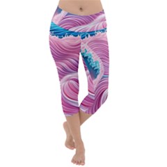 Pink Water Waves Lightweight Velour Capri Yoga Leggings by GardenOfOphir