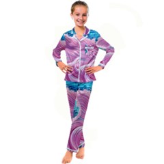 Pink Water Waves Kid s Satin Long Sleeve Pajamas Set by GardenOfOphir