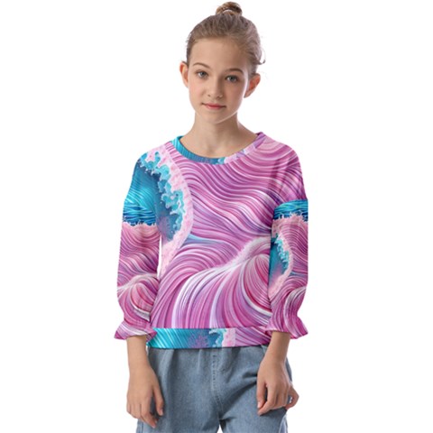 Pink Water Waves Kids  Cuff Sleeve Top by GardenOfOphir