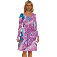 Pink Water Waves Long Sleeve Dress With Pocket