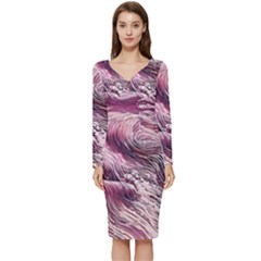 Abstract Pink Ocean Waves Long Sleeve V-neck Bodycon Dress  by GardenOfOphir