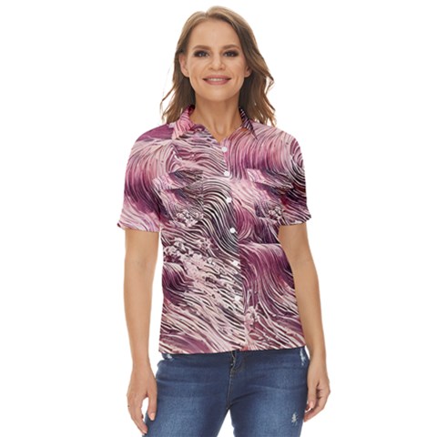 Abstract Pink Ocean Waves Women s Short Sleeve Double Pocket Shirt by GardenOfOphir