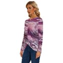 Abstract Pink Ocean Waves Long Sleeve Crew Neck Pullover Top View2