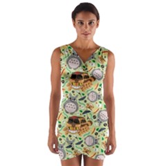 My Neighbor Totoro Pattern Wrap Front Bodycon Dress