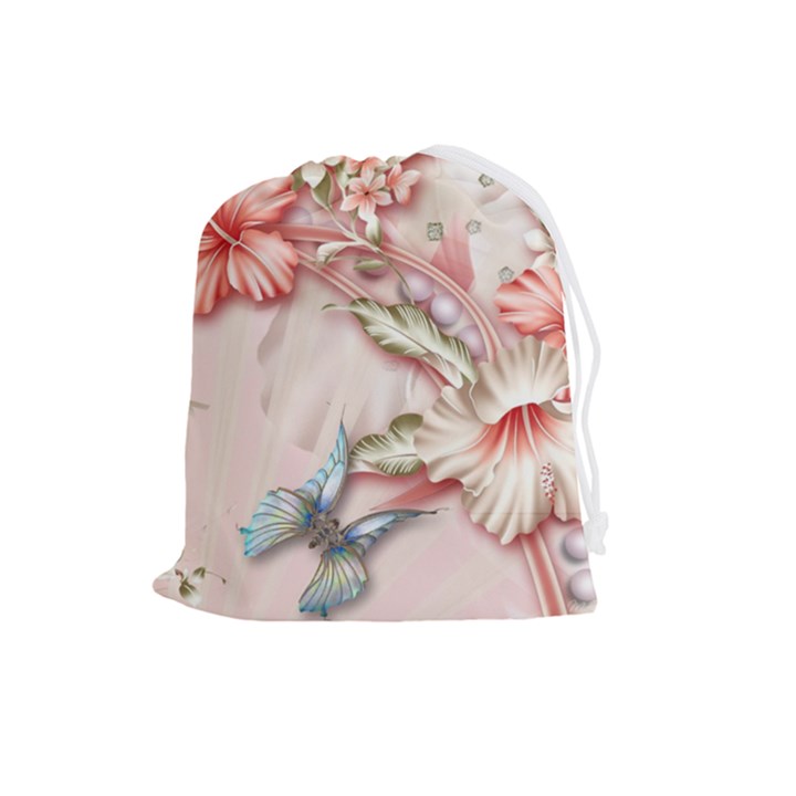 Glory Floral Exotic Butterfly Exquisite Fancy Pink Flowers Drawstring Pouch (Large)