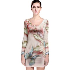 Glory Floral Exotic Butterfly Exquisite Fancy Pink Flowers Long Sleeve Bodycon Dress