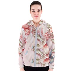 Glory Floral Exotic Butterfly Exquisite Fancy Pink Flowers Women s Zipper Hoodie