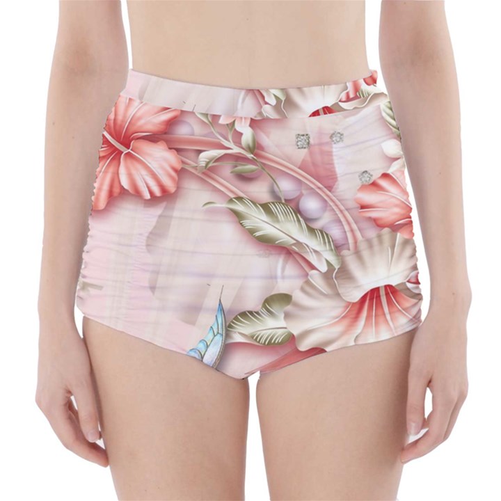 Glory Floral Exotic Butterfly Exquisite Fancy Pink Flowers High-Waisted Bikini Bottoms