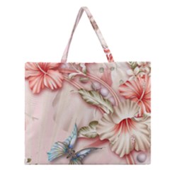 Glory Floral Exotic Butterfly Exquisite Fancy Pink Flowers Zipper Large Tote Bag