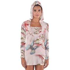 Glory Floral Exotic Butterfly Exquisite Fancy Pink Flowers Long Sleeve Hooded T-shirt