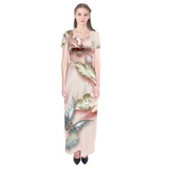 Glory Floral Exotic Butterfly Exquisite Fancy Pink Flowers Short Sleeve Maxi Dress