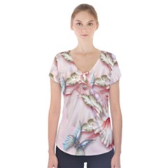 Glory Floral Exotic Butterfly Exquisite Fancy Pink Flowers Short Sleeve Front Detail Top