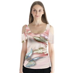 Glory Floral Exotic Butterfly Exquisite Fancy Pink Flowers Butterfly Sleeve Cutout Tee 