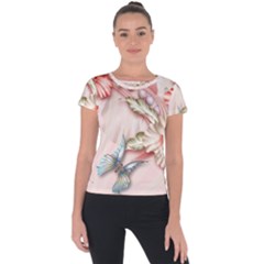 Glory Floral Exotic Butterfly Exquisite Fancy Pink Flowers Short Sleeve Sports Top  by Jancukart