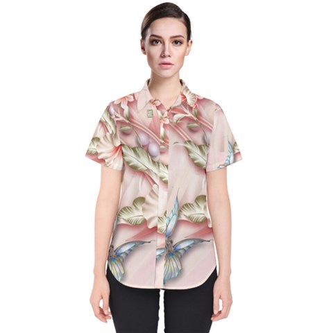 Glory Floral Exotic Butterfly Exquisite Fancy Pink Flowers Women s Short Sleeve Shirt by Jancukart