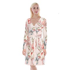 Glory Floral Exotic Butterfly Exquisite Fancy Pink Flowers Long Sleeve Velvet Front Wrap Dress