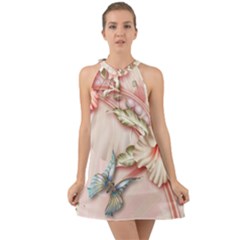 Glory Floral Exotic Butterfly Exquisite Fancy Pink Flowers Halter Tie Back Chiffon Dress