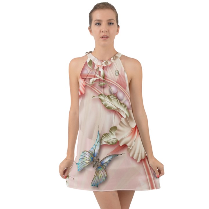 Glory Floral Exotic Butterfly Exquisite Fancy Pink Flowers Halter Tie Back Chiffon Dress