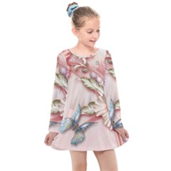 Glory Floral Exotic Butterfly Exquisite Fancy Pink Flowers Kids  Long Sleeve Dress by Jancukart