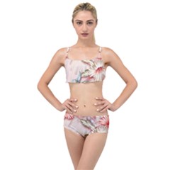 Glory Floral Exotic Butterfly Exquisite Fancy Pink Flowers Layered Top Bikini Set