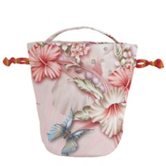 Glory Floral Exotic Butterfly Exquisite Fancy Pink Flowers Drawstring Bucket Bag