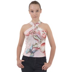 Glory Floral Exotic Butterfly Exquisite Fancy Pink Flowers Cross Neck Velour Top