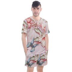 Glory Floral Exotic Butterfly Exquisite Fancy Pink Flowers Men s Mesh Tee And Shorts Set