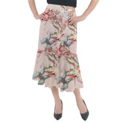 Glory Floral Exotic Butterfly Exquisite Fancy Pink Flowers Midi Mermaid Skirt