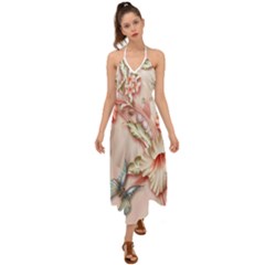 Glory Floral Exotic Butterfly Exquisite Fancy Pink Flowers Halter Tie Back Dress 