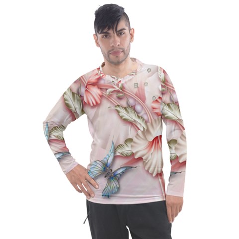 Glory Floral Exotic Butterfly Exquisite Fancy Pink Flowers Men s Pique Long Sleeve Tee by Jancukart