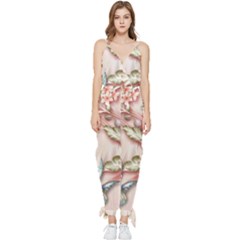 Glory Floral Exotic Butterfly Exquisite Fancy Pink Flowers Sleeveless Tie Ankle Chiffon Jumpsuit