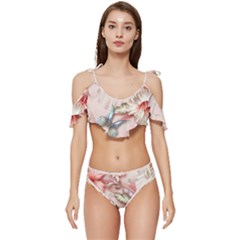 Glory Floral Exotic Butterfly Exquisite Fancy Pink Flowers Ruffle Edge Tie Up Bikini Set	