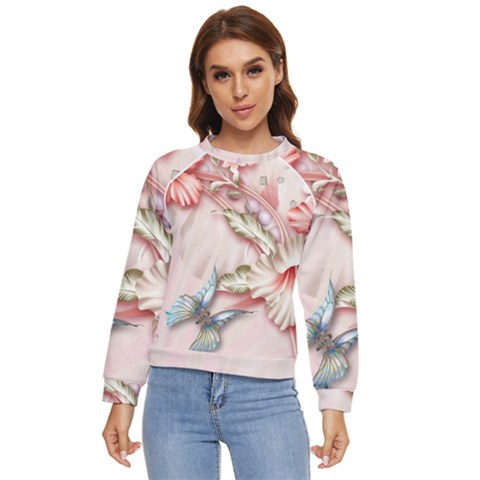 Glory Floral Exotic Butterfly Exquisite Fancy Pink Flowers Women s Long Sleeve Raglan Tee by Jancukart