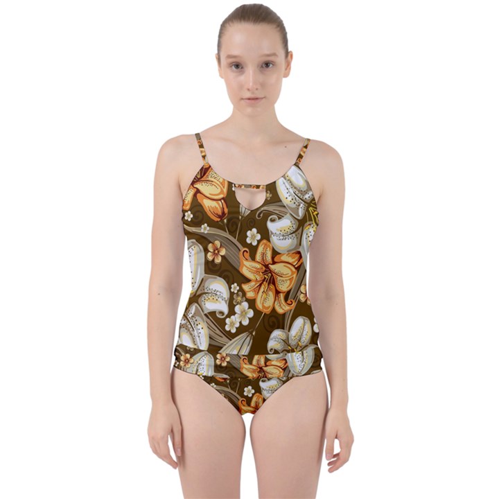 White And Yellow Floral Lilies Background Surface Cut Out Top Tankini Set