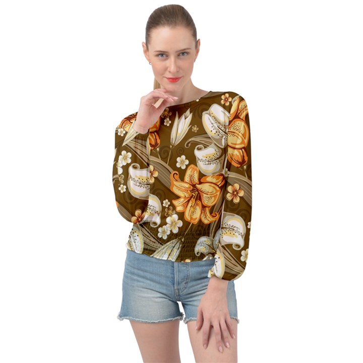 White And Yellow Floral Lilies Background Surface Banded Bottom Chiffon Top