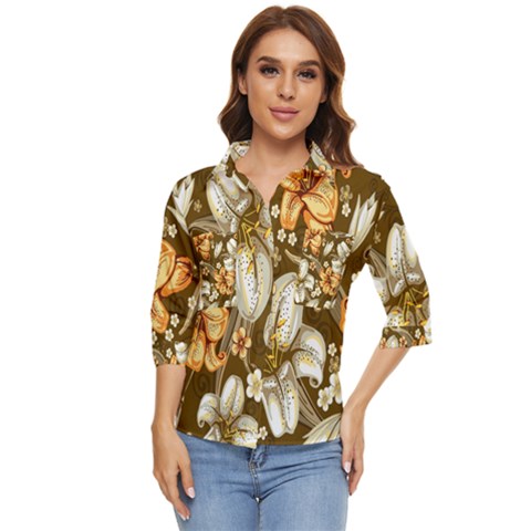 White And Yellow Floral Lilies Background Surface Women s Quarter Sleeve Pocket Shirt by Jancukart