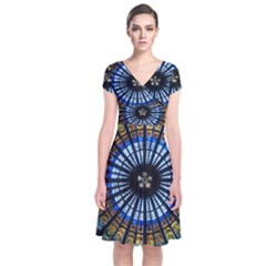 Mandala Floral Wallpaper Rose Window Strasbourg Cathedral France Short Sleeve Front Wrap Dress