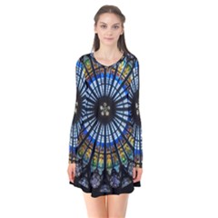 Mandala Floral Wallpaper Rose Window Strasbourg Cathedral France Long Sleeve V-neck Flare Dress