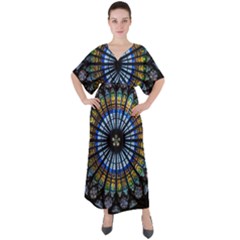 Mandala Floral Wallpaper Rose Window Strasbourg Cathedral France V-neck Boho Style Maxi Dress