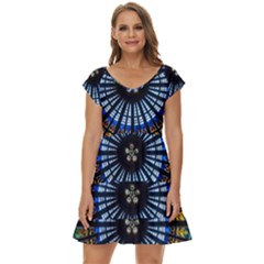 Mandala Floral Wallpaper Rose Window Strasbourg Cathedral France Short Sleeve Tiered Mini Dress