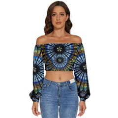 Mandala Floral Wallpaper Rose Window Strasbourg Cathedral France Long Sleeve Crinkled Weave Crop Top