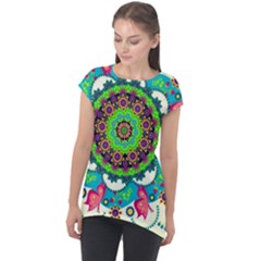 Artistic Pattern Mandala Cap Sleeve High Low Top