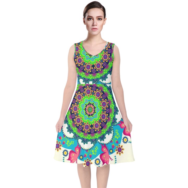 Artistic Pattern Mandala V-Neck Midi Sleeveless Dress 